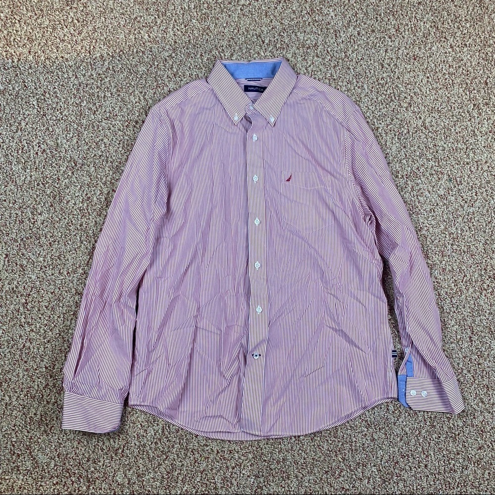 Mens Nautica Red and White Stripe Button Down Long Sleeve